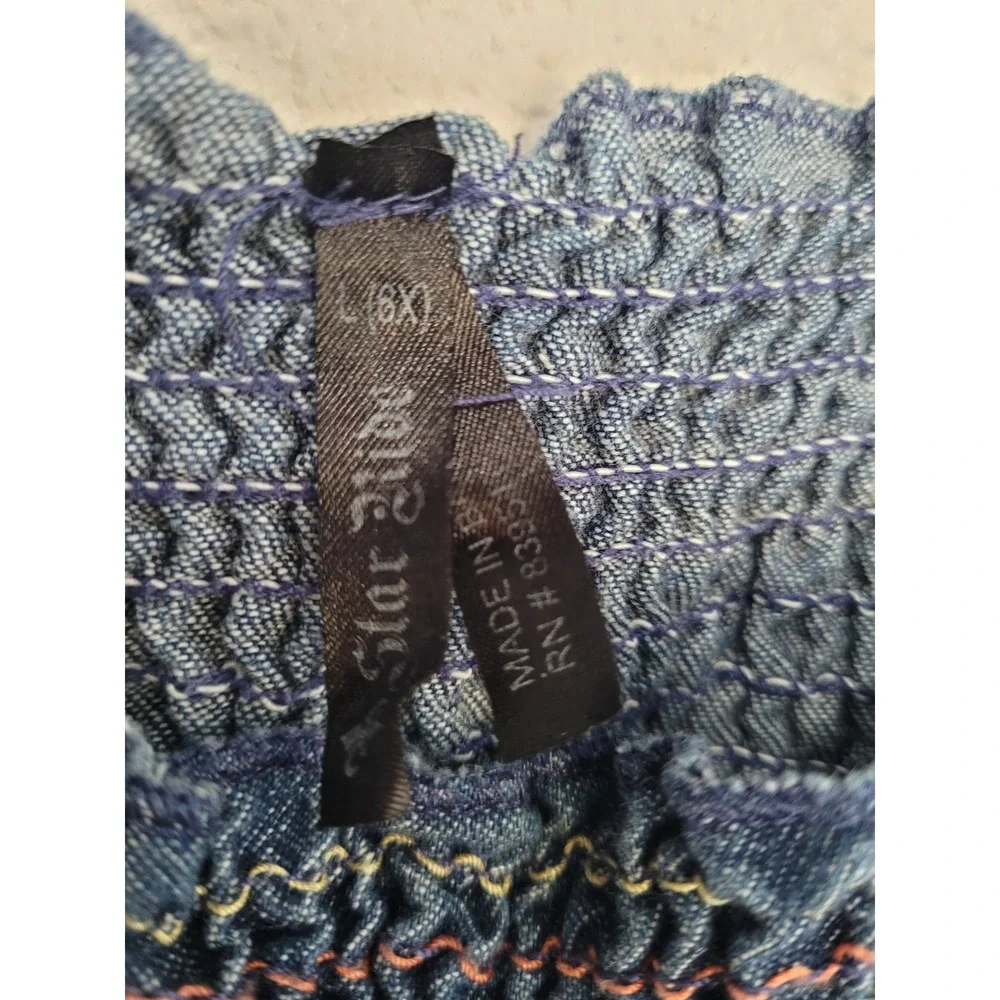 Star Ride‎ Girls Denim Smocked Rainbow Sundress Blue Ruffle Hem Size 6 #5